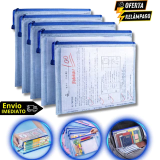 Kit 5 Pasta Organizadora de Documentos A4 Plástico PVC com Ziper Material Escolar Saco Maternidade