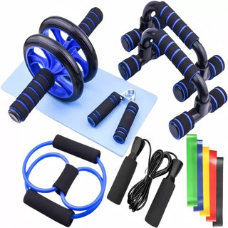 Kit Fitness 6 em 1 Roda Abdominal Flexão Corda Elástico Hand Grip Tapete Treino em Casa