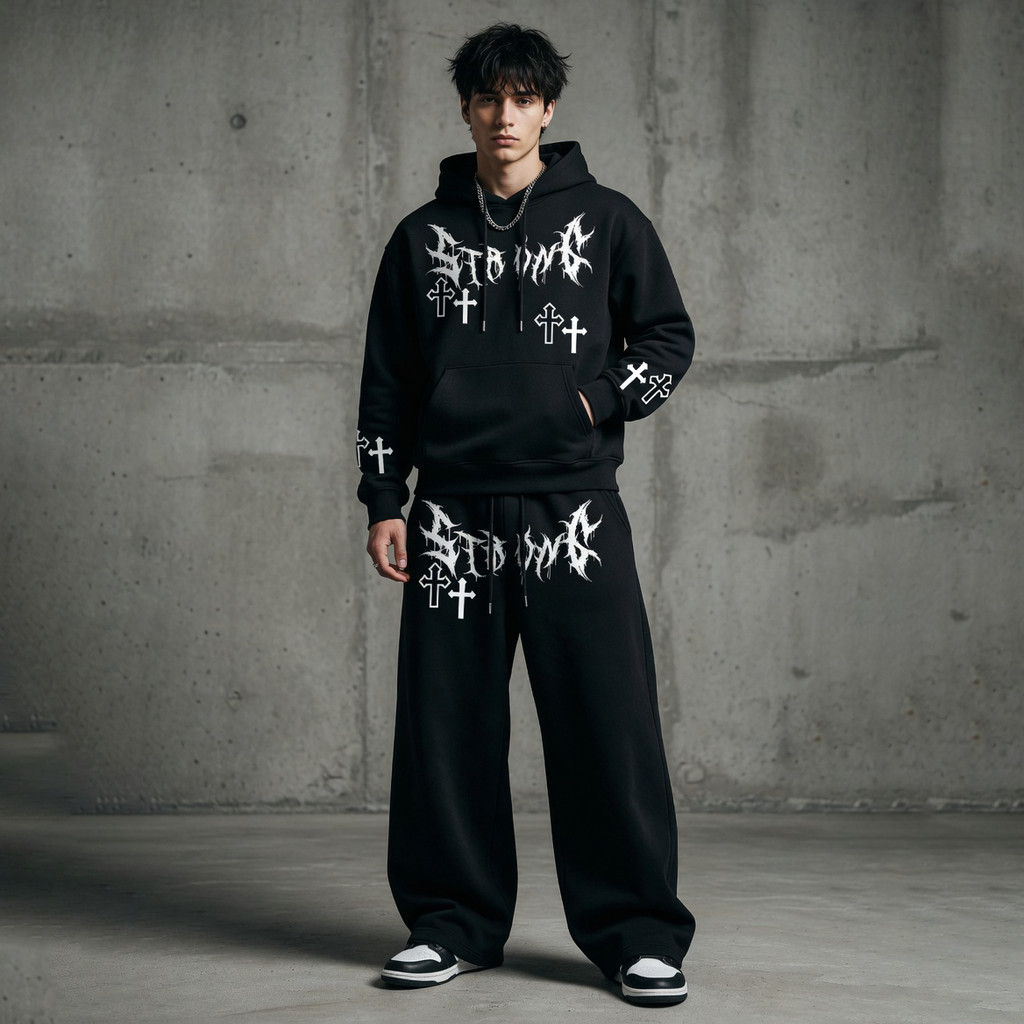 Conjunto Masculino Moletom Canguru e Calça Wide Leg Com Estampa de Cruz
