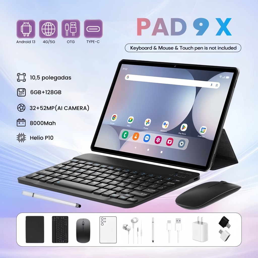 Pad 9X Tablet Android Tela Grande 10.5 FHD 6+128GB WiFi 5G Uso Trabalho Estudo 8000mah