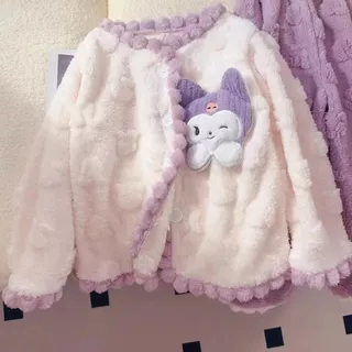 Desenhos animados Kuromi pijamas meninas outono inverno Coral velo quente flanela médio grande crianças Homewear conjunt em Oferta na Shopee