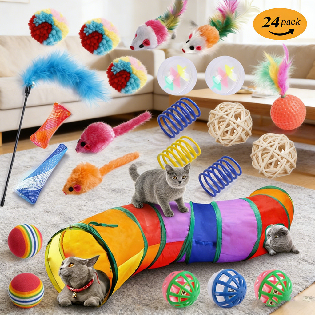 Kit 24 Peças de Brinquedos para Gatos com Túnel e Varinha | Brinquedos ...
