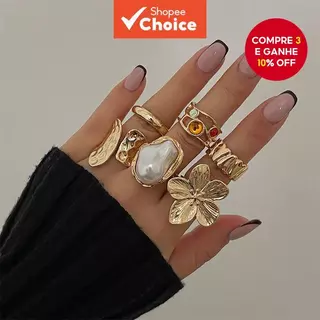 Conjunto de 6 Anéis de Flor Líquido Lava - Ajustáveis, Joias Vintage Banhadas a Ouro com Pérola, Presente para Mulheres em Oferta na Shopee