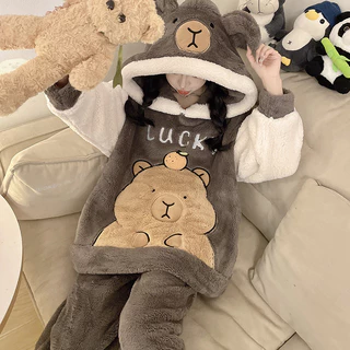 Pijamas de lã Coral feminino Plus Size 2025 novo estilo outono inverno forro de lã engrossado grandes crianças bonito jú em Oferta na Shopee