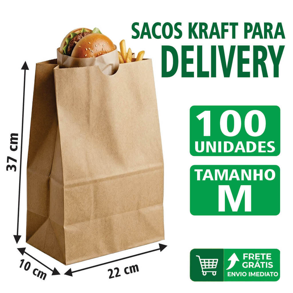 Kit 100 Saco Kraft Delivery SOS Reforçado 37x22x10cm Liso Pa