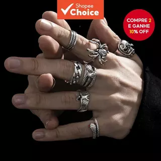 7 pçs novo estilo Retro Hip-Hop estilo escuro crânio aranha anel de 8 caracteres criativo único Metal cobra anel conjunt em Oferta na Shopee