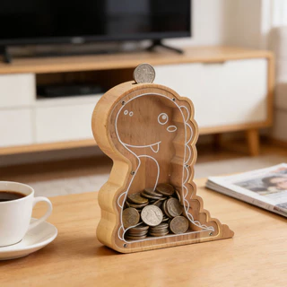 Kids Piggy Bank Child Money Box Wooden Dinosaur for – Acrylic Coin Cute Cartoon Dino Saving Container Perfect Gift for em Oferta na Shopee