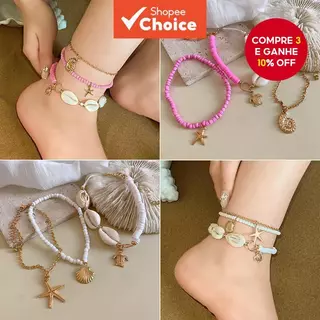 Conjunto de pulseira e tornozeleira feminina com contas de arroz imitando conchas estilo étnico, boêmio, retrô, anel de em Oferta na Shopee