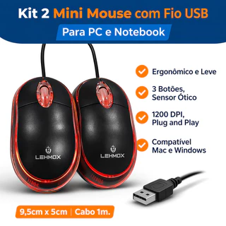 Kit 2 Mouse Com Fio Usb Mini Para Notebook Computador Ergonômico