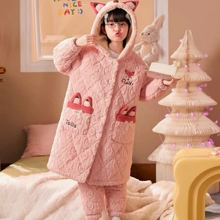 Meninas pijamas infantis estilo inverno engrossado mais veludo três camadas acolchoado inverno estilo longo casa acolcho em Oferta na Shopee
