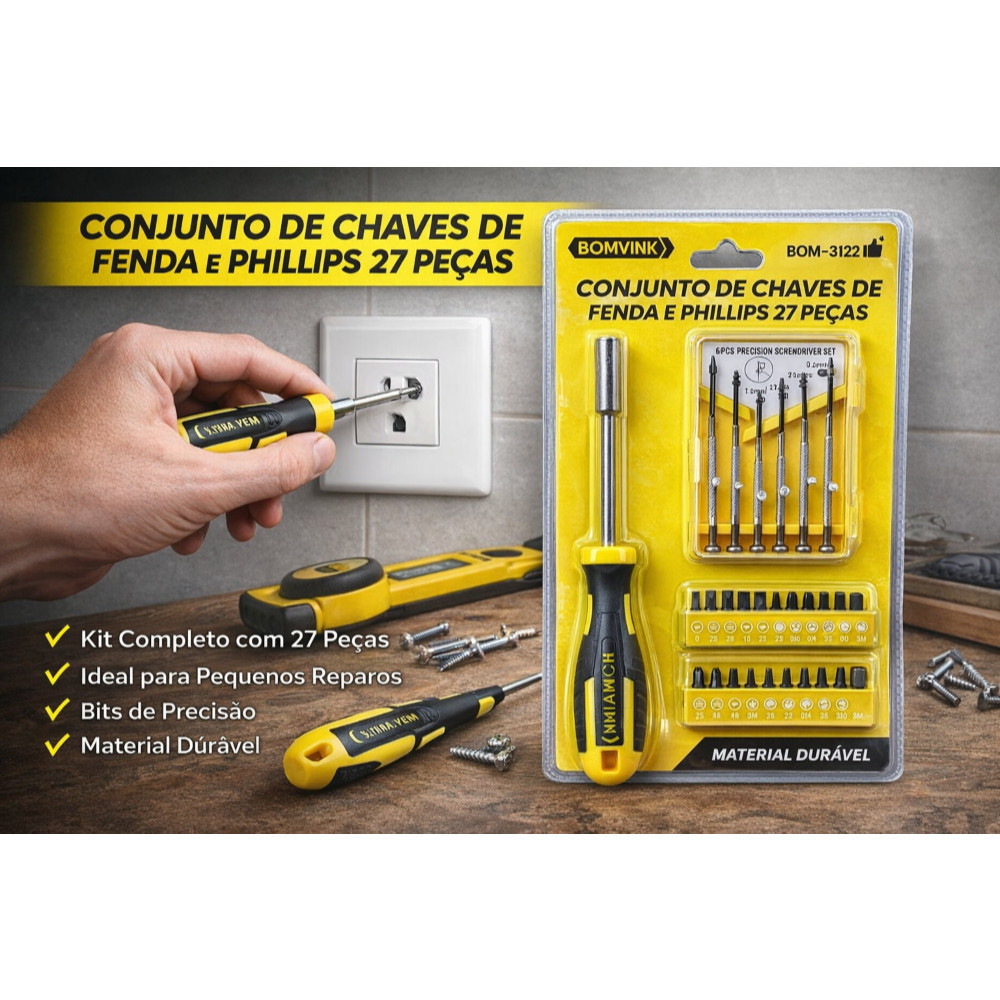 Kit Chaves Fenda e Phillips 27 Peças BOM-3122 Profissional Manutenção ...