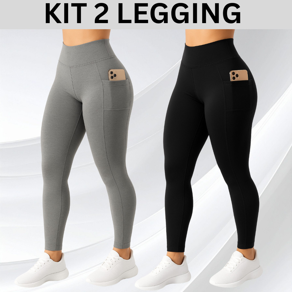 Kit 2 Calças Legging com Bolso Lateral Suplex Cós Alto Largo