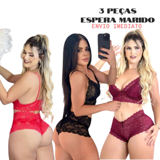 Kit com 3 Espera Marido Feminino Sensual Baby Doll pijama feminino conjunto sexy