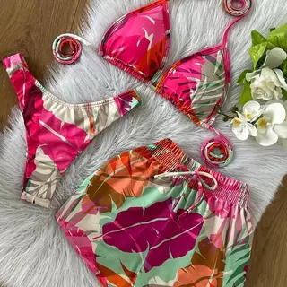 Conjunto Biquíni Cortininha + Shortinho I Look Feminino Praia Verão Colorido Rosa em Oferta na Shopee