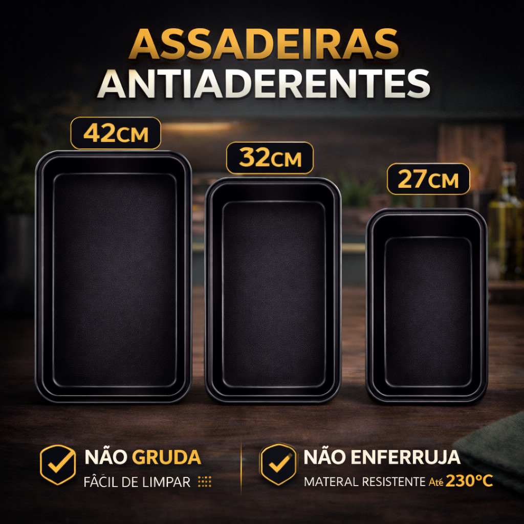 3 Formas Assadeiras Antiaderentes para Forno 42/32/27CM Idea