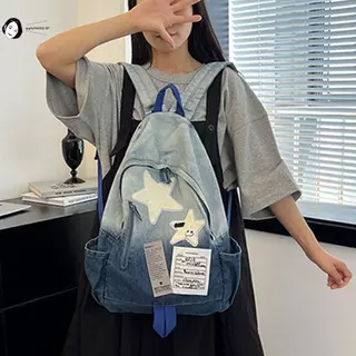 Mochila Escolar Jeans Star Pattern Y2K-Bolsa De Viagem Moderna De Grande Capacidade Para Atividades Ao Ar Livre