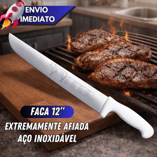 Kit 1 Faca 12 Polegadas Cabo Branco Açougueiro Churrasqueiro Profissional Para Carnes Churrasco Cozinha