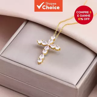 Colar feminino de aço inoxidável com pingente de zircônia cravejada em ouro 18K, estilo cruz, acessório elegante para em Oferta na Shopee
