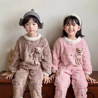Conjunto de pijamas infantis 2025 inverno novo estilo Coral velo Loungewear meninos meninas bonito confortável quente te em Oferta na Shopee