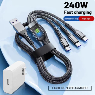 Cabo 3 em 1 240W com Display Chip Transparente Compatível iPhone iOS Tipo C Micro USB Android D0