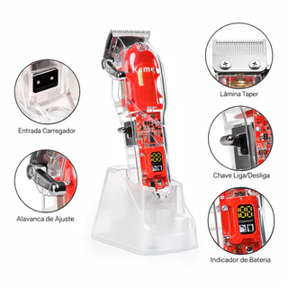 Kemei 1762 Máquina De Cortar Cabelo Profissional Transparente 6300RPM Com Base, USB Lâmina Extra