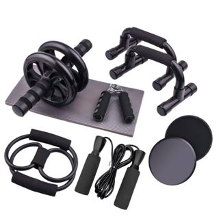 Kit Fitness 6 em 1 Roda Abdominal Flexão Corda Elástico Hand Grip Tapete Treino em Casa