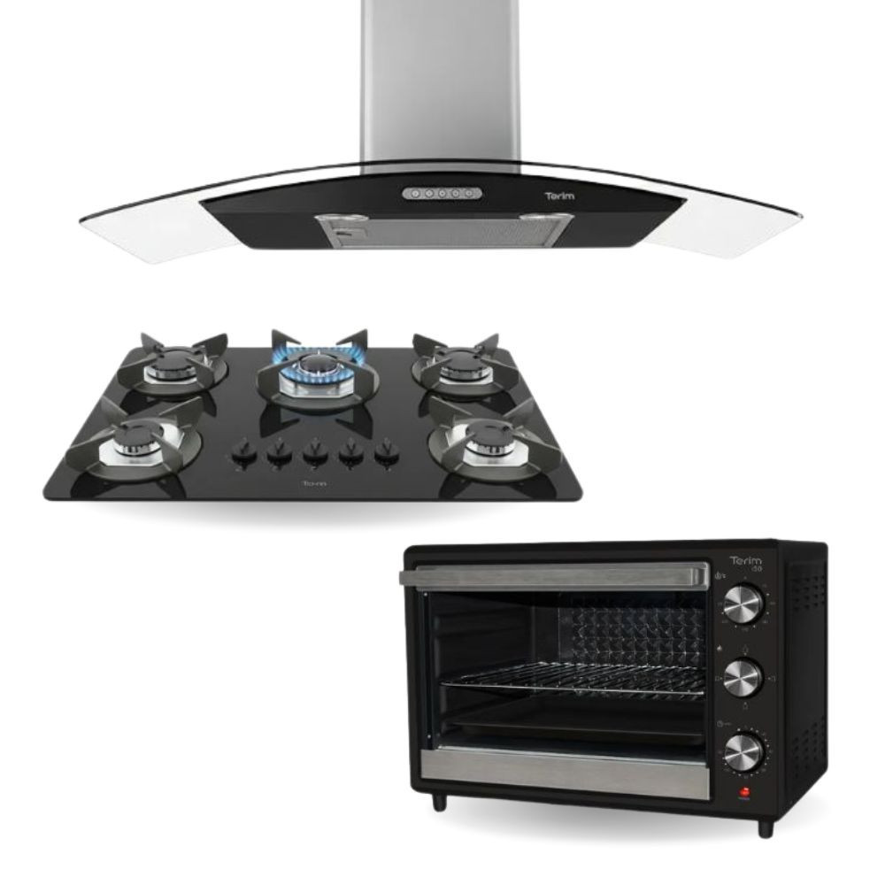 Coifa Vidro Curvo 90cm + Cooktop 5 Bocas Tripla Chama + Forno Elétrico ...