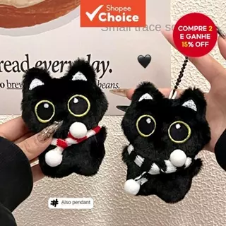 1/2 peças de pingente de gatinho preto de pelúcia, pingente de apertar, para mochila, chaveiro. em Oferta na Shopee