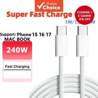 Cabo de carregamento rápido de alta qualidade PD 240W Tipo C 1M/2M para telefone 15 16 17 Plus Pro Max em Oferta na Shopee