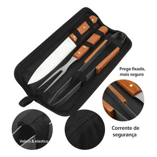 Kit Churrasco Profissional - Bolsa + Faca + Garfo + Pegador