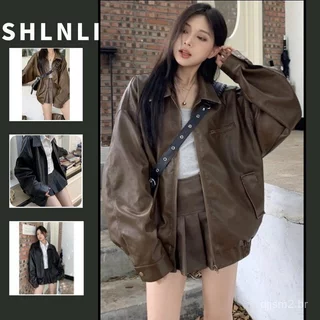 Jaqueta de Motocicleta de Couro Sintético Oversized Retro Americana para Mulheres Primavera Outono