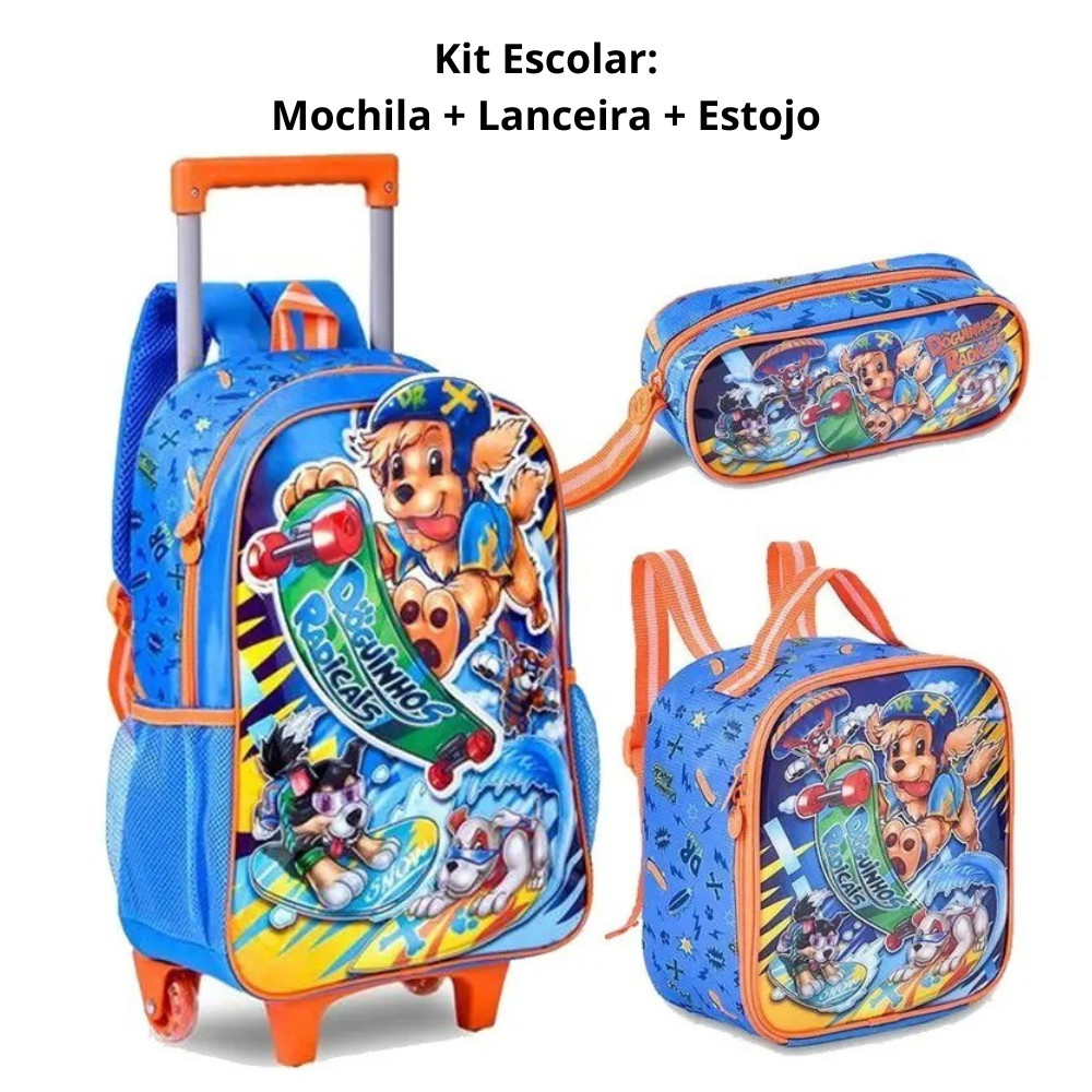Kit Escolar Mochila de Rodinhas + Lancheira + Estojo Doguinhos Radicais ...