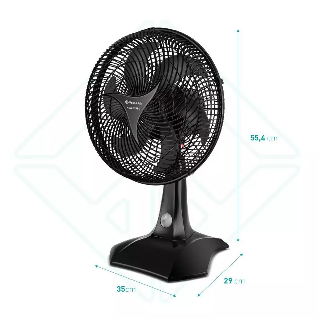 Perspectiva do ventilador de mesa Prime Air com indicações de medidas de altura, largura e profundidade