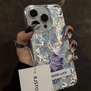 Capinha Capa Para iPhone XR XS MAX 7 8 14 15 16 Plus 11 12 13 14 15 16 17 Pro Max À Prova de Choque Flores azuis