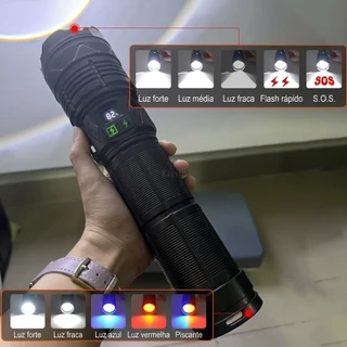 Lanterna LED 69000000LM Super Potente 15000W Recarregável Tipo-C Zoom Telescópico Prova d’Água Alta Resistência Camping
