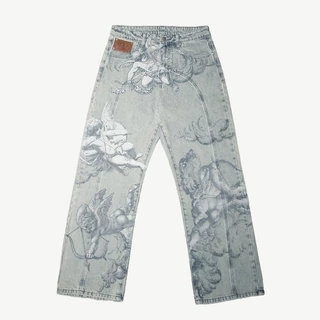 Y2k Retro Moda Cupido Anjo Padrão Americano Hip-hop Streetwear Neutro Casual Perna Reta Calças Jeans