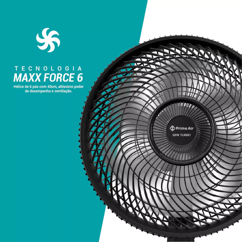 Detalhe da grade do ventilador Prime Air destacando a tecnologia Maxx Force 6 e hélice de alto desempenho