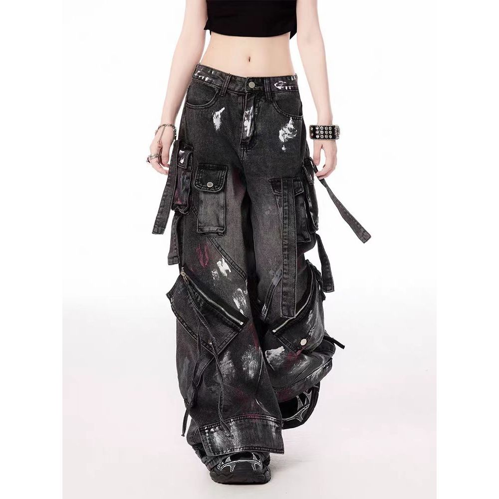Y2K Harajuku Multi Bolso Lavado Jeans Pretos Para Mulheres 2000s