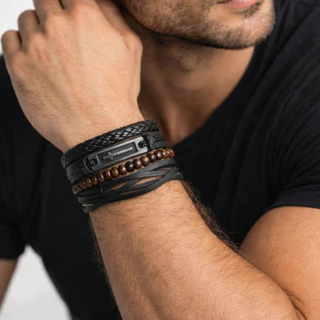 Kit 4 Pulseiras Masculinas De Couro 4 Peças Preto Cruz Bolinha