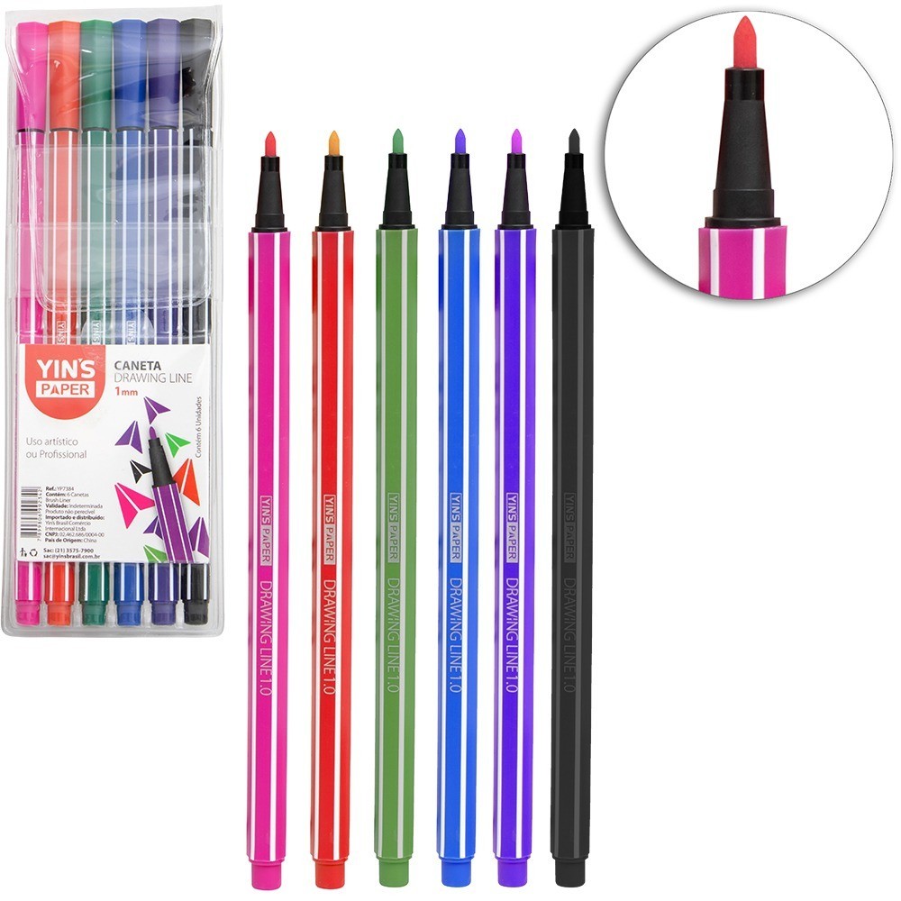 Caneta Hidrográfica Drawing Line 1.0mm Kit com 6 Peças novidade