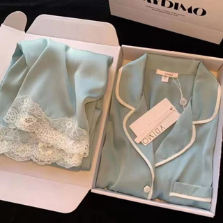 Pijamas de Seda Gelada para Mulheres com Mangas de Compressão Conjunto de Seda Estilo Fino para Uso Diurno em Oferta na Shopee