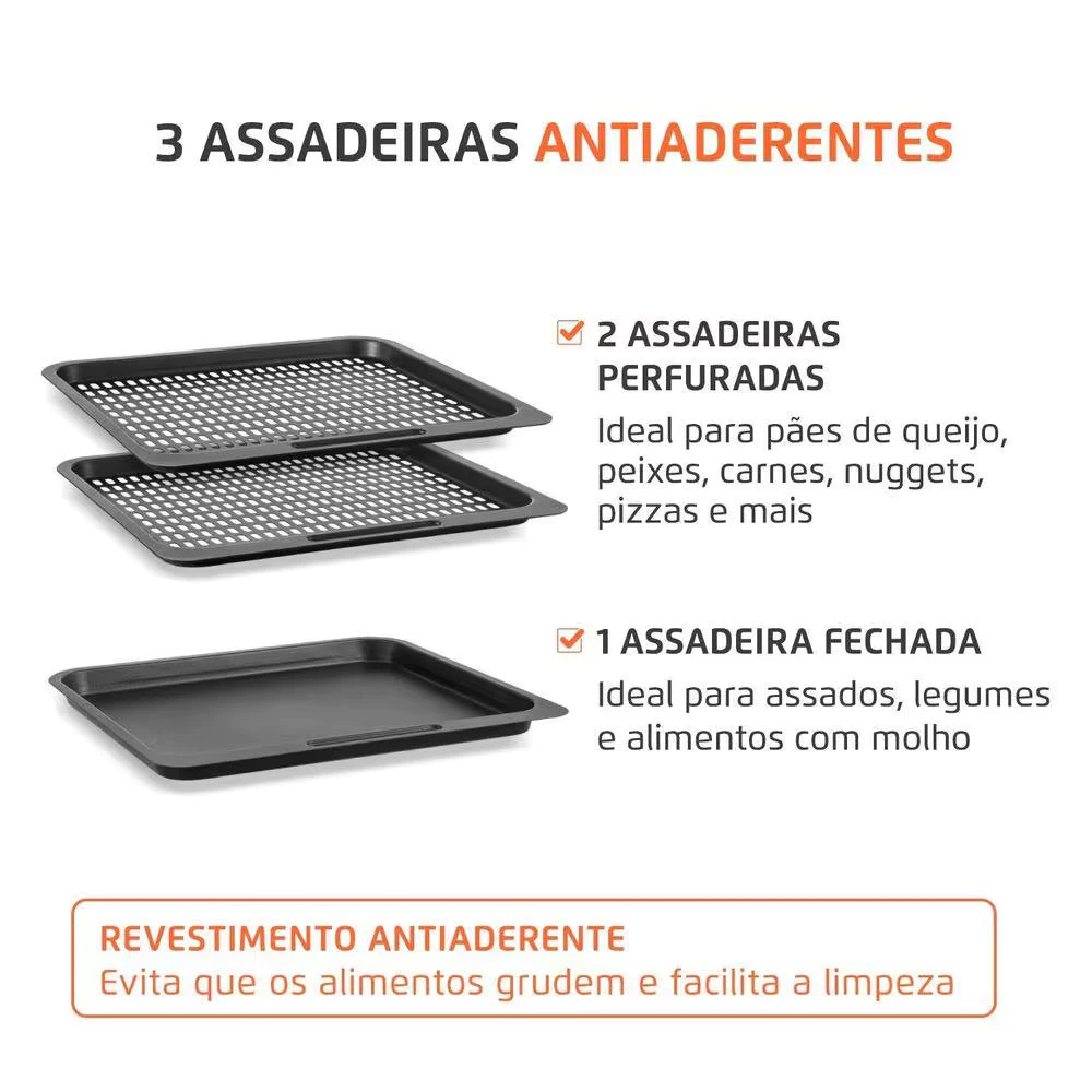 Conjunto de assadeiras antiaderentes para a Fritadeira Air Fryer Oven Mondial: duas perfuradas e uma fechada.