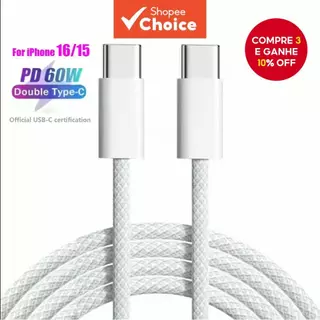 Cabo USB C para USB Tipo C PD 60W Cabo de Dados de Carga Rápida para iPhone 15 16 17 Samsung Cabo de Dados 1M 2M em Oferta na Shopee