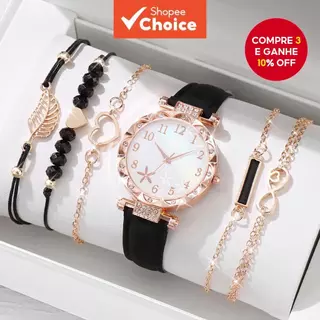 Conjunto De Relógio Com Pulseira De 6 Peças , Novo Feminino De Quartzo Preto De Luxo E Elegante em Oferta na Shopee