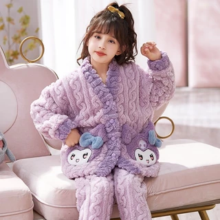 2025 novo estilo Kuromi pijamas para meninas inverno Coral velo engrossado flanela meninas grandes crianças roupas de ca em Oferta na Shopee