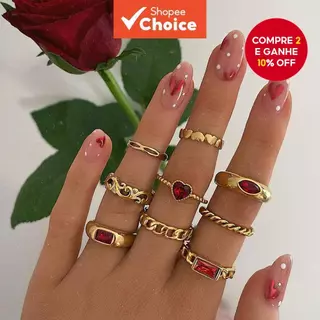 Conjunto De 9 Peças De Anéis De Rubi Simulados Em Formato De Coração Da Moda , Joias Ocas De Metal Simples em Oferta na Shopee