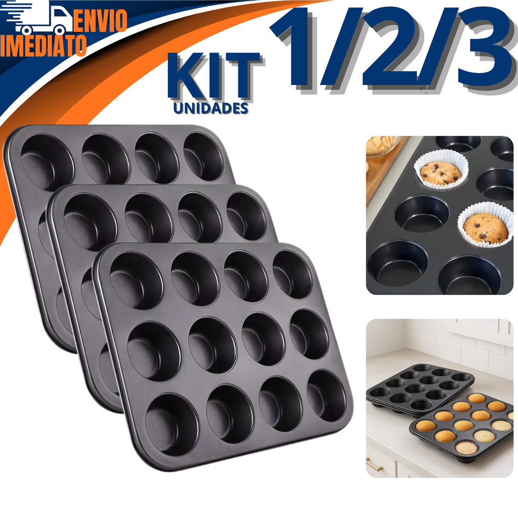 Forma Assadeira 1/2/3 Teflon 12 Cavidades Cupcake Pão De Que