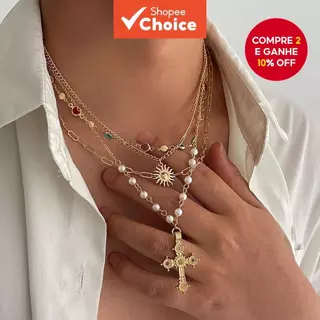 Novo Conjunto de 4 peças de Colar de Cristal Girassol em Cruz Y2K para Mulheres, Joias em Camadas Tendência, Presente. em Oferta na Shopee