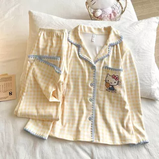 Pijamas para meninas 2025 novo estilo outono inverno mãe-filha pai-filho usar grosso HelloKitty escovado crianças alemão em Oferta na Shopee