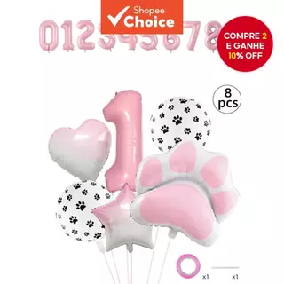 Conjunto De Balão De Folha De Festa De Animal Rosa De Oito Peças Com Decorações De Coração De Estrela Estampa De Pata em Oferta na Shopee